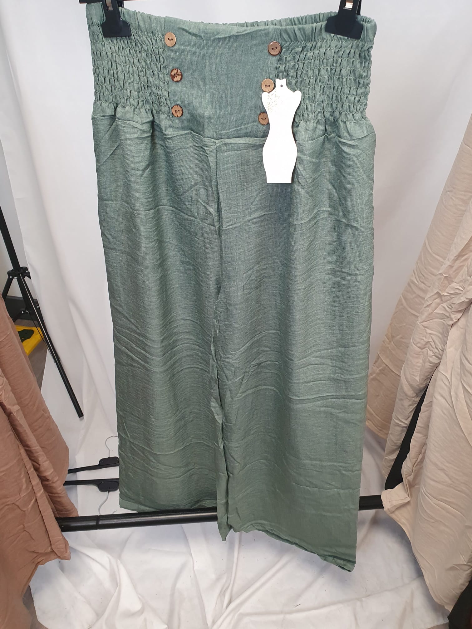 Crinkle High Waist Wide Leg Trousers with Buttons - Relaxed Fit - Various Colours