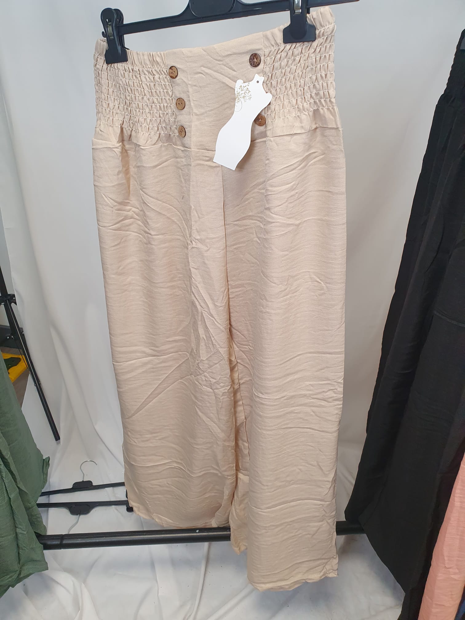 Crinkle High Waist Wide Leg Trousers with Buttons - Relaxed Fit - Various Colours