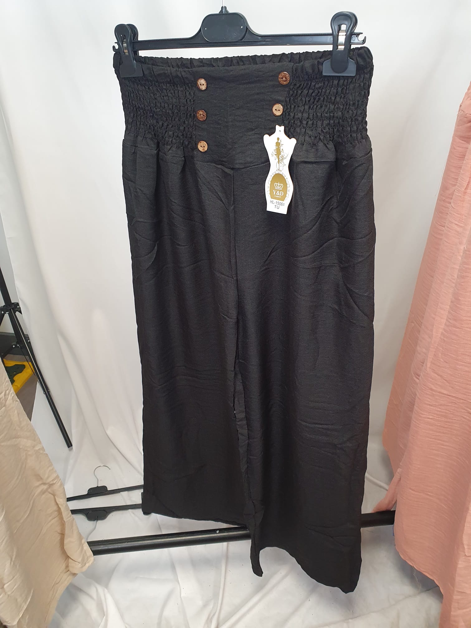 Crinkle High Waist Wide Leg Trousers with Buttons - Relaxed Fit - Various Colours