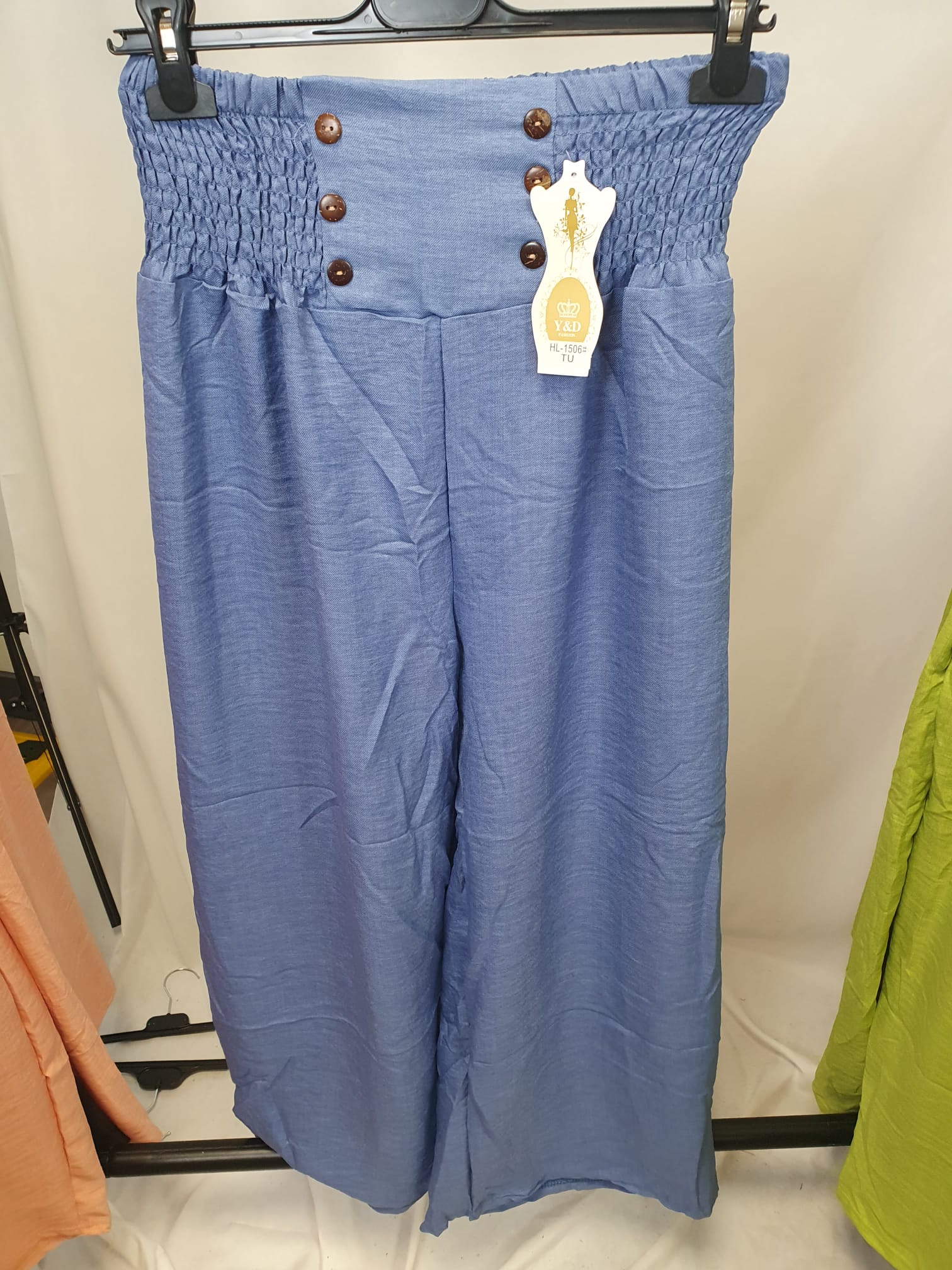 Crinkle High Waist Wide Leg Trousers with Buttons - Relaxed Fit - Various Colours
