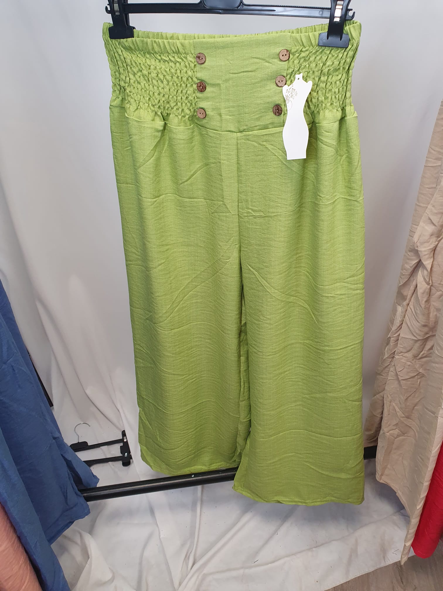 Crinkle High Waist Wide Leg Trousers with Buttons - Relaxed Fit - Various Colours