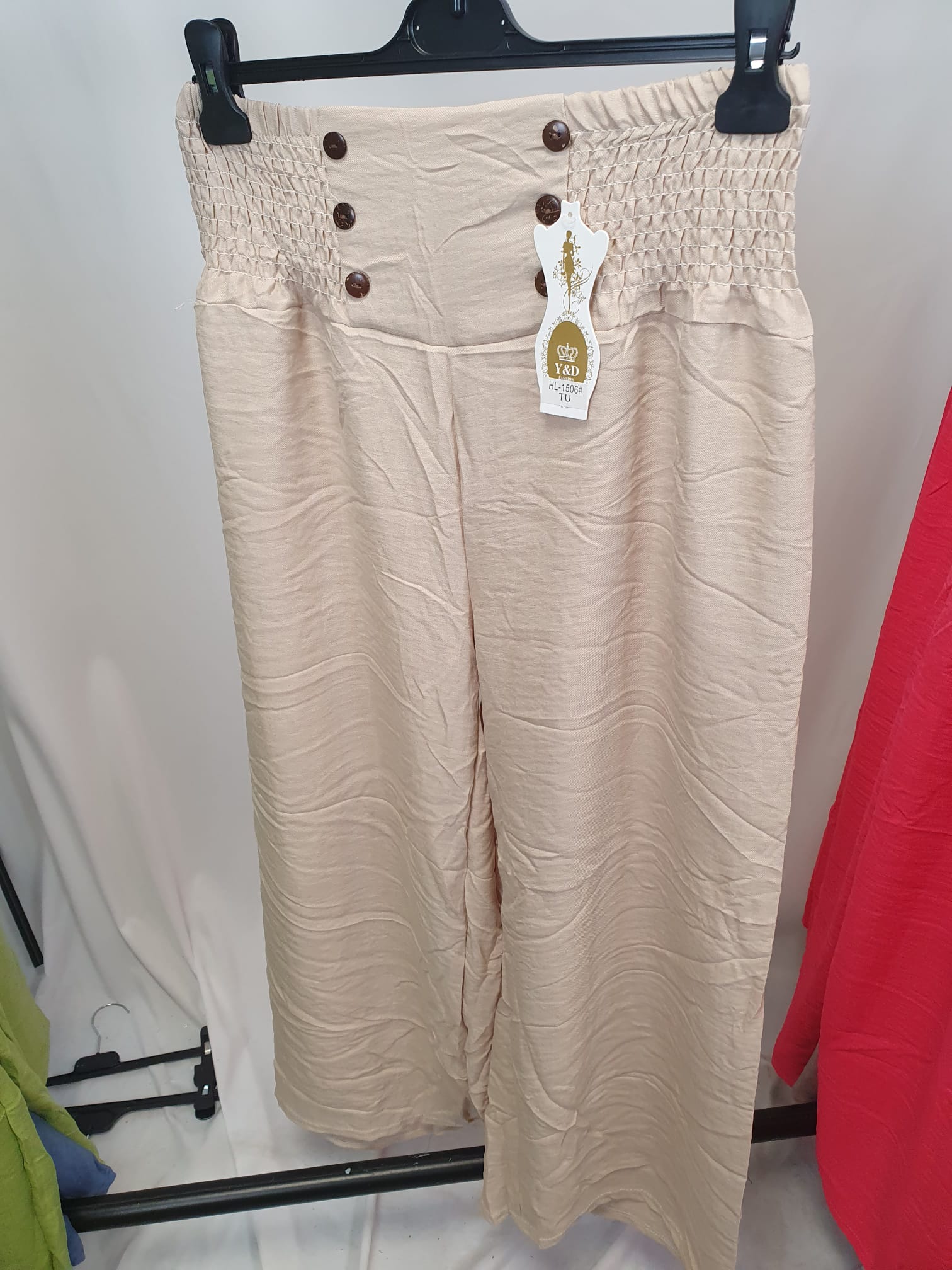 Crinkle High Waist Wide Leg Trousers with Buttons - Relaxed Fit - Various Colours