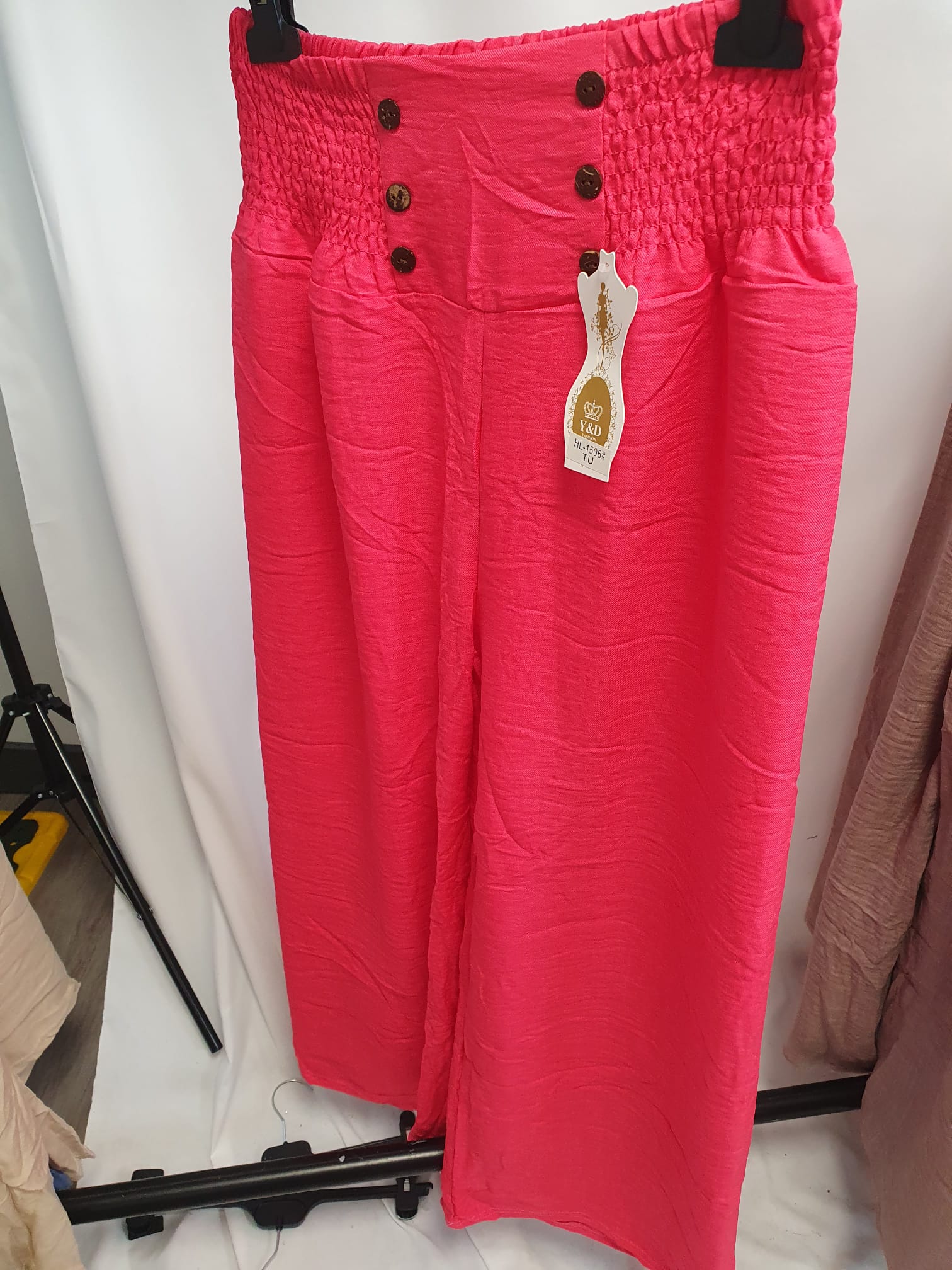 Crinkle High Waist Wide Leg Trousers with Buttons - Relaxed Fit - Various Colours