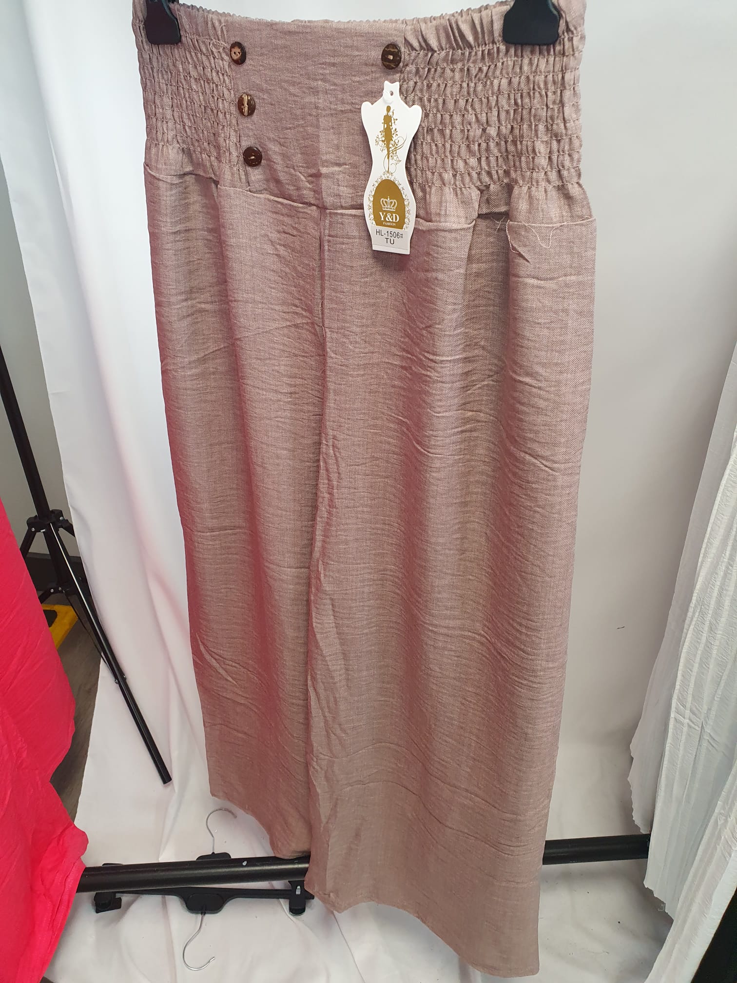 Crinkle High Waist Wide Leg Trousers with Buttons - Relaxed Fit - Various Colours