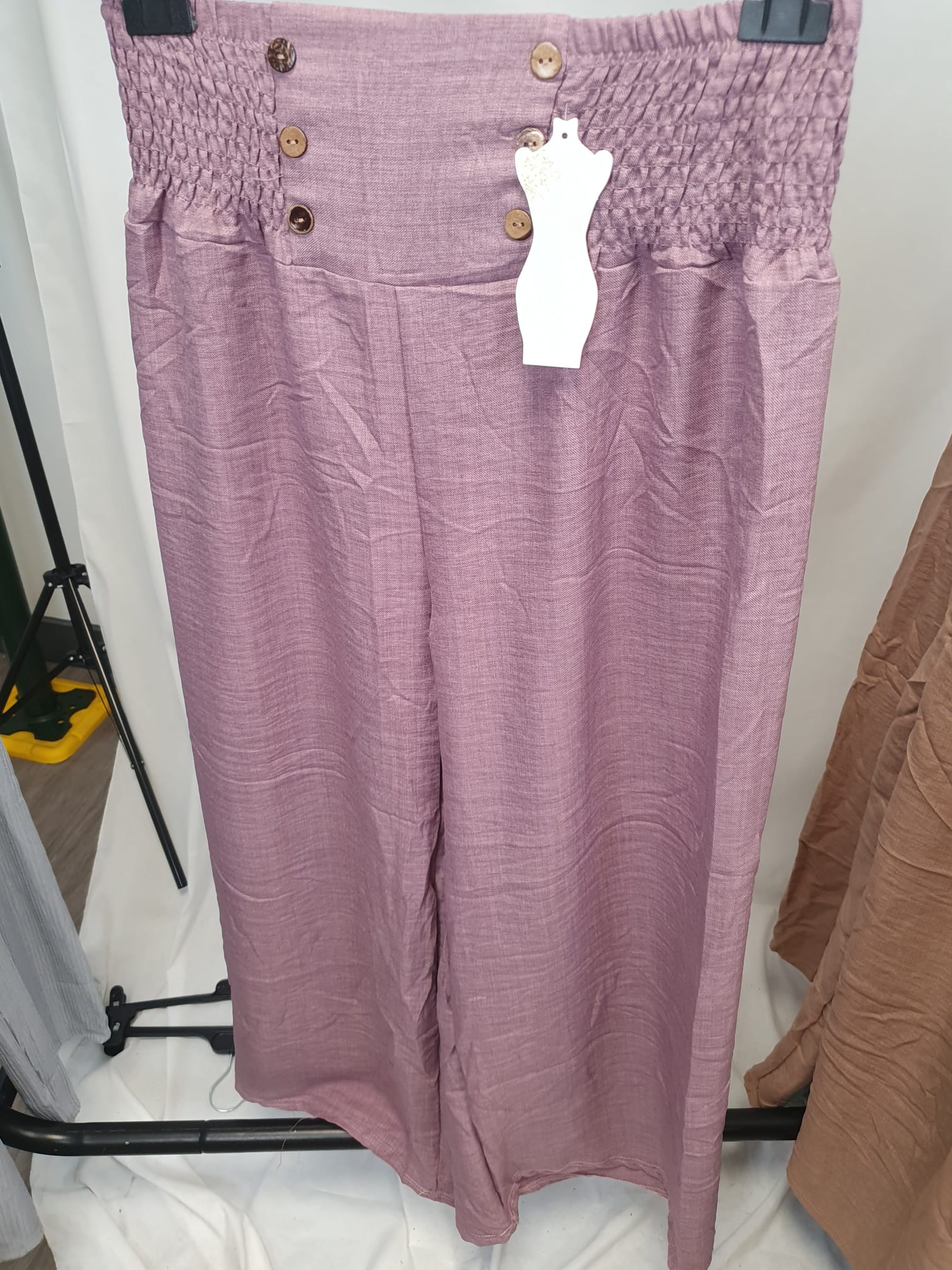 Crinkle High Waist Wide Leg Trousers with Buttons - Relaxed Fit - Various Colours