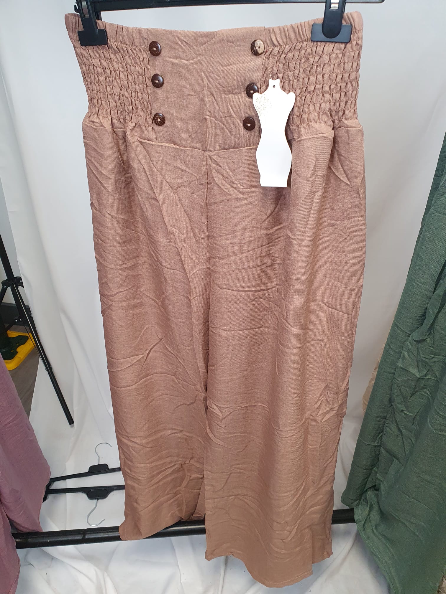 Crinkle High Waist Wide Leg Trousers with Buttons - Relaxed Fit - Various Colours