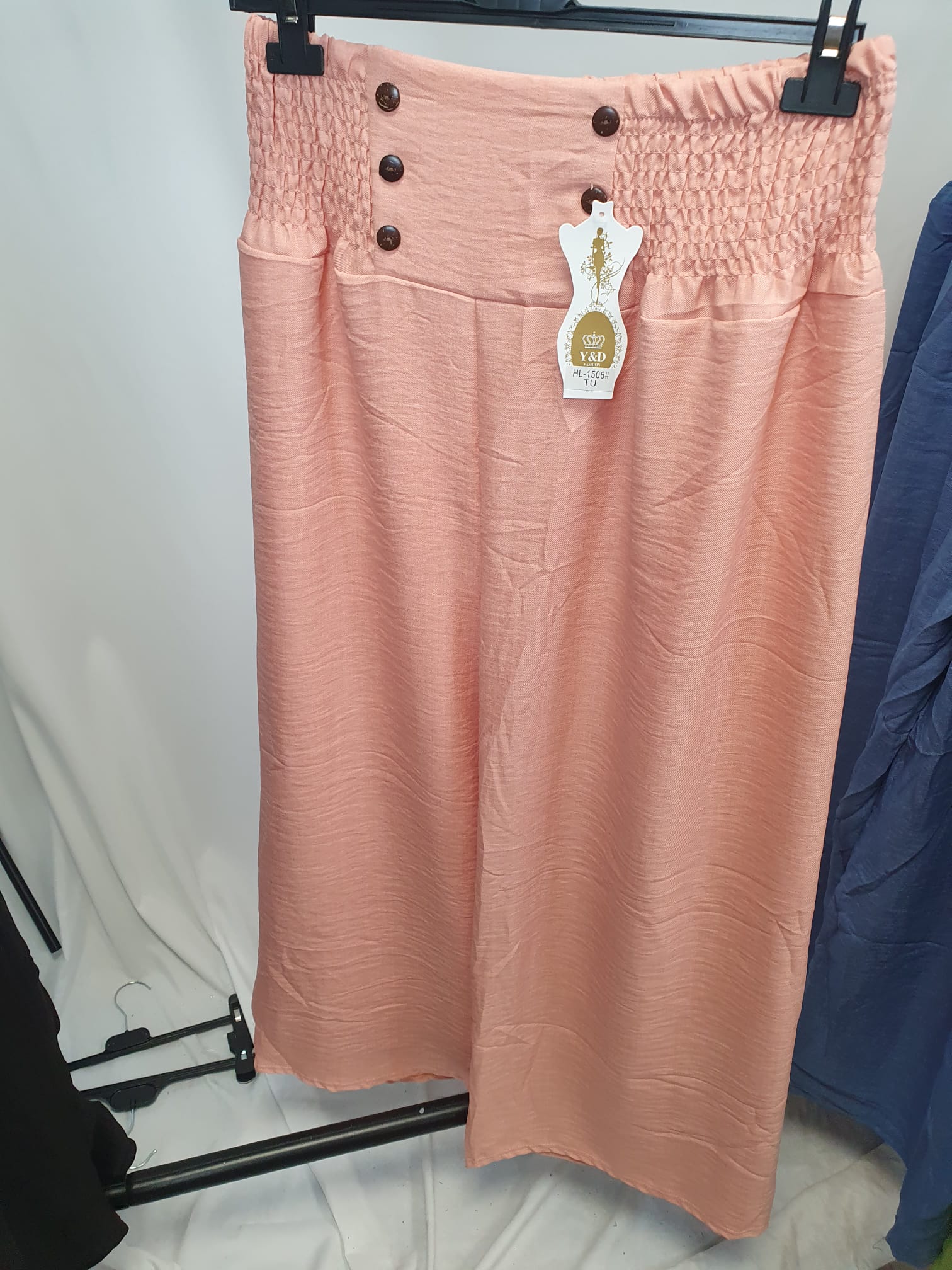 Crinkle High Waist Wide Leg Trousers with Buttons - Relaxed Fit - Various Colours